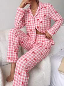 2pcs/Set American Plaid Bow Print Autumn/Winter Pajama Set, Lapel Button Long Sleeve Top And Pants, Women's Sleepwear Loungewear Set - Red - View 3
