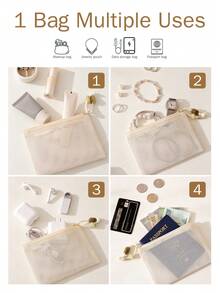 1/3pcs Large Capacity Macaron Color Mesh Makeup Bag, Fresh Style, Premium Quality, Beige Multifunctional Mesh Storage Bag; Portable Zipper Pouch/Travel Toiletry Bag, Suitable For Home Or Office, Also An Excellent Gift For Friends; Bohemian Style, Can Also Be Used As Swimming Beach Bag - Beige - View 9