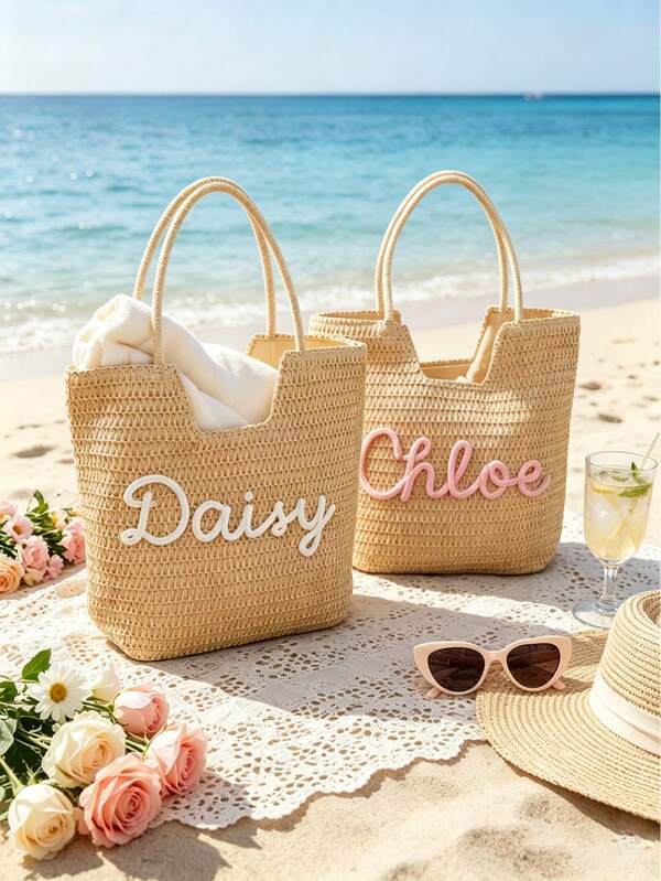 1pc Customized Name Straw Tote Bag, Summer Beach Tote Bag, Personalized Summer Vacation Travel Shoulder Handbag, Bridesmaid Gift, Large Capacity Tote Bag