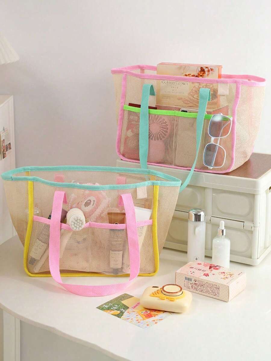 XD Candy Color Mesh Handbag For Teen Girls, Travel Tote Bag, Makeup Organizer Bag, Large Capacity Hollow Mesh Handbag, Suitable For Girls' Outdoor Travel And Vacation
