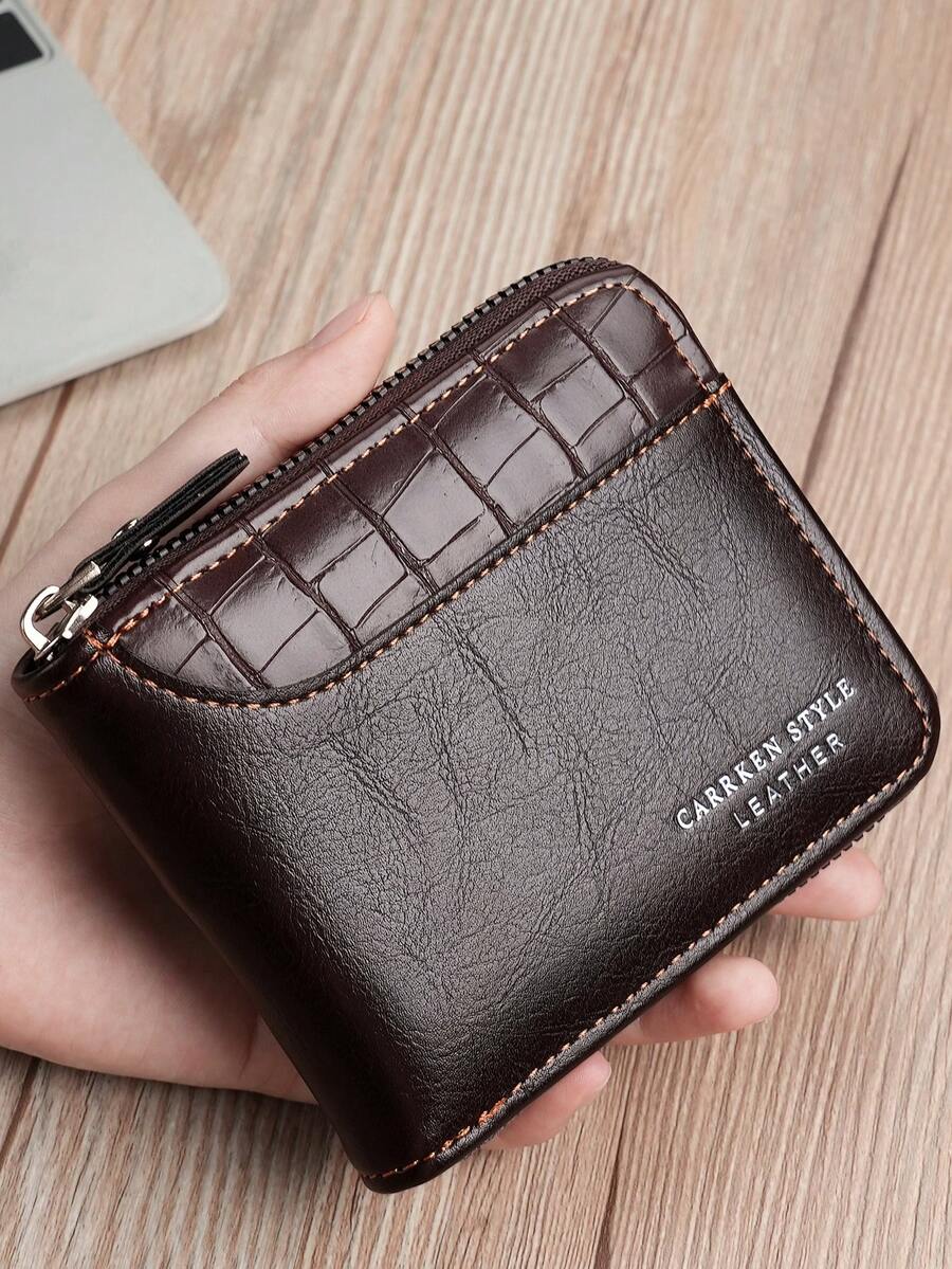 1pc New Men's Crocodile Pattern Multi-Function Zipper Fashion Casual Short Wallet Card Holder, Versatile For Youth Students Travel