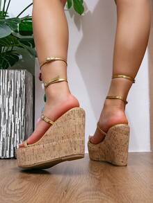 Women's Colorful Decorative Buckle Ultra High Heel Wedge Platform Sandals - Gold - View 4