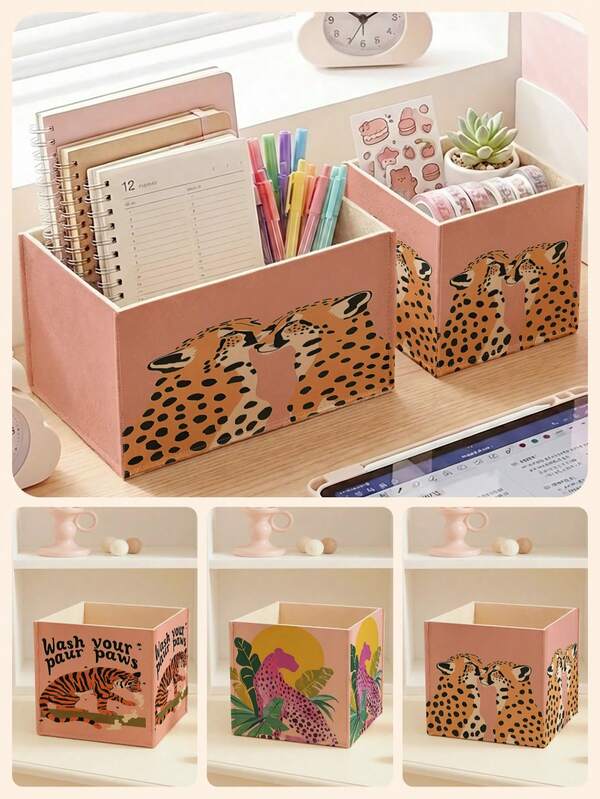 1 cesto de arrumação para secretária, organizador de secretária, caixa de arrumação para artigos diversos, cesto de organização para casa, design com estampado de leopardo e tigre, grande capacidade, leve e estável, cesto de arrumação para secretária de casa, organiza facilmente material de escritório, produtos de cuidados de pele e pequenos artigos, pode ser usado para arrumação da secretária de criança, organização do quarto do bebé, arrumação de toucador e escritório, resistente e durável, fácil de limpar, unissexo, essencial para o dia a dia em casa, casa alugada, dormitório e sala de estudo