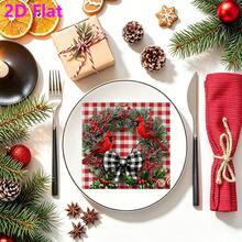 20pcs Holiday Cardinal Holly Wreath Buffalo Plaid Bow Print Paper Napkins, 2D Flat Vintage Farmhouse Style Christmas Disposable Napkins, Suitable For Holiday Dinner Cottagecore Table Decor - Multiple Styles - View 1
