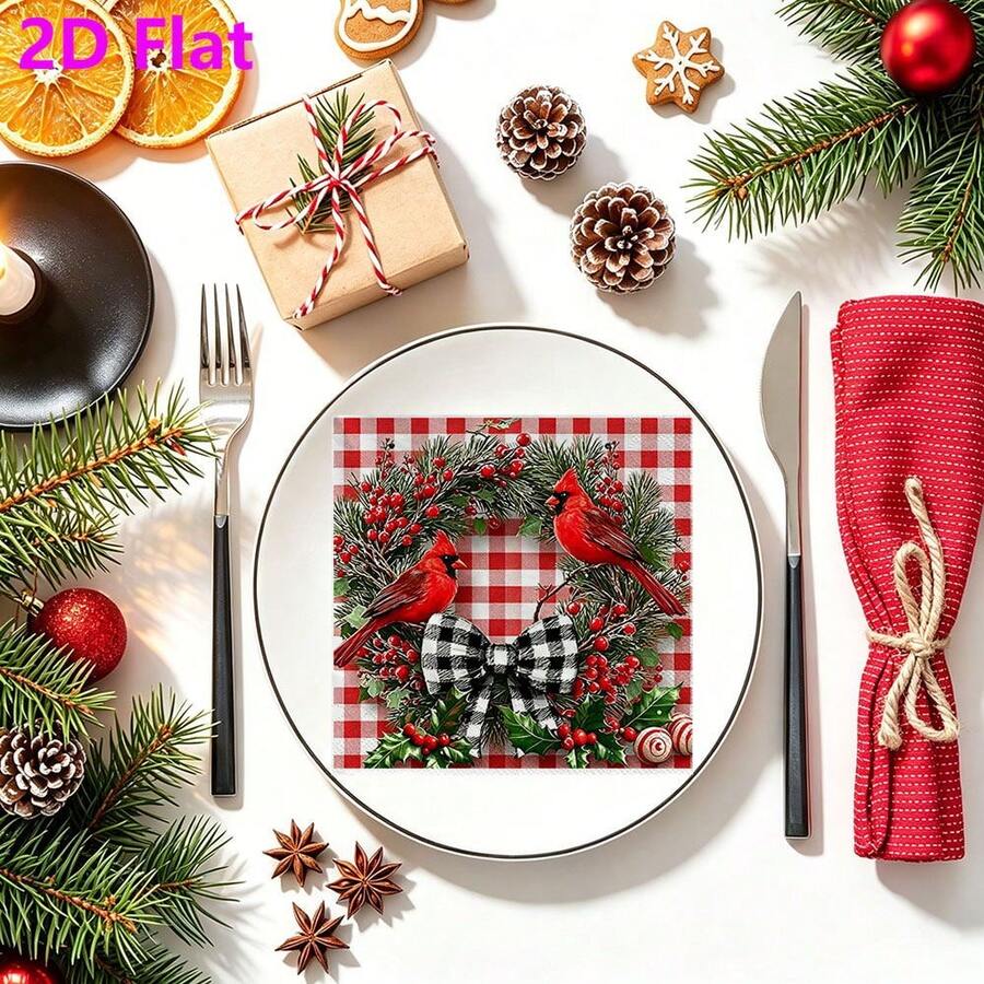 20pcs Holiday Cardinal Holly Wreath Buffalo Plaid Bow Print Paper Napkins, 2D Flat Vintage Farmhouse Style Christmas Disposable Napkins, Suitable For Holiday Dinner Cottagecore Table Decor - Multiple Styles - View 1