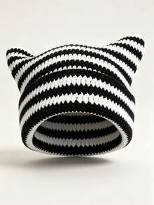 1 pieza Gorro de punto cálido de otoño/invierno, Gorro de punto con orejas de gato estilo Y2K lindo, Gorro minimalista de moda para mujer - gorro de punto con orejas de gato - Ver 4