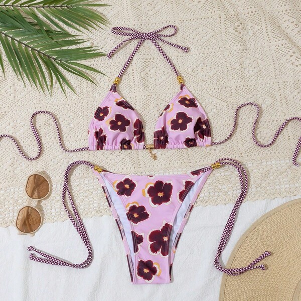 Women's Summer Beige Vintage Floral Halter Neck Two Pieces Bikini, Metal Star Decor Side Tie Swimwear, 2 Pieces Set Vacation Beach