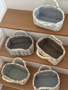 1pc Set French Vine Storage Basket Vintage Blue White Floral Quilted Handheld Portable Cosmetic Sundries Desktop Organizer Container Box Home Decor Craft Gift - View 3