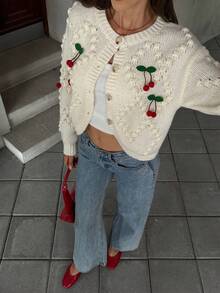 FOR BEAUTY Cardigan lavorato a maglia da donna, nuovo per primavera & autunno, color albicocca con decorazioni a ciliegia rossa, girocollo, maniche lunghe, top casual - Albicocca - Visualizzare 4