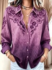 New Women's Plus Size Long Sleeve Casual Shirt - Classic Print, Lapel Collar Button Design, Spring Summer Autumn Winter Vacation - Purple - View 1