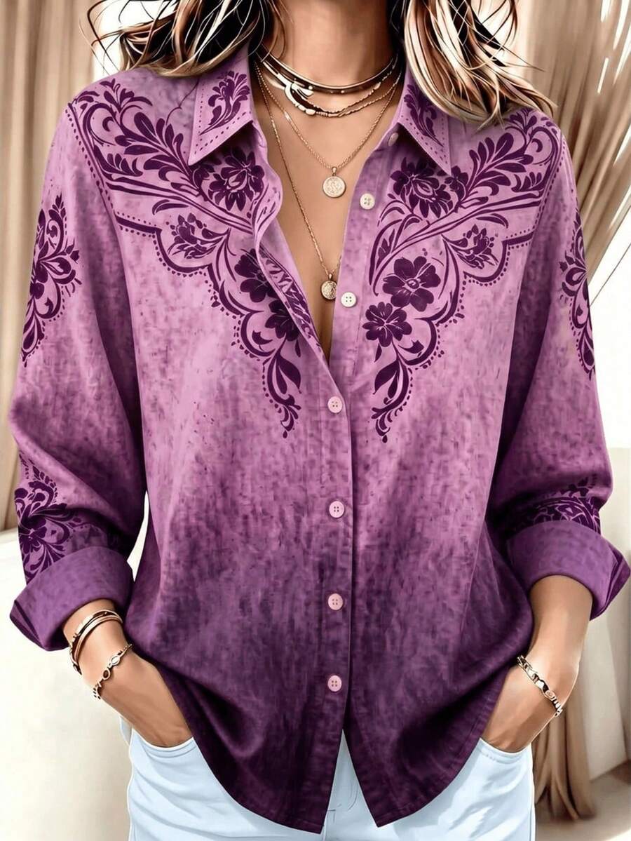 New Women's Plus Size Long Sleeve Casual Shirt - Classic Print, Lapel Collar Button Design, Spring Summer Autumn Winter Vacation - Purple - View 1