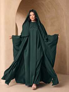 時尚百搭純色女款三件式套裝，優雅無袖長袍 + 寬鬆 Abaya 開襟長袍 + 披肩圍巾套裝，親膚柔軟防曬穆斯林服飾 - 墨綠色 - 查看 2