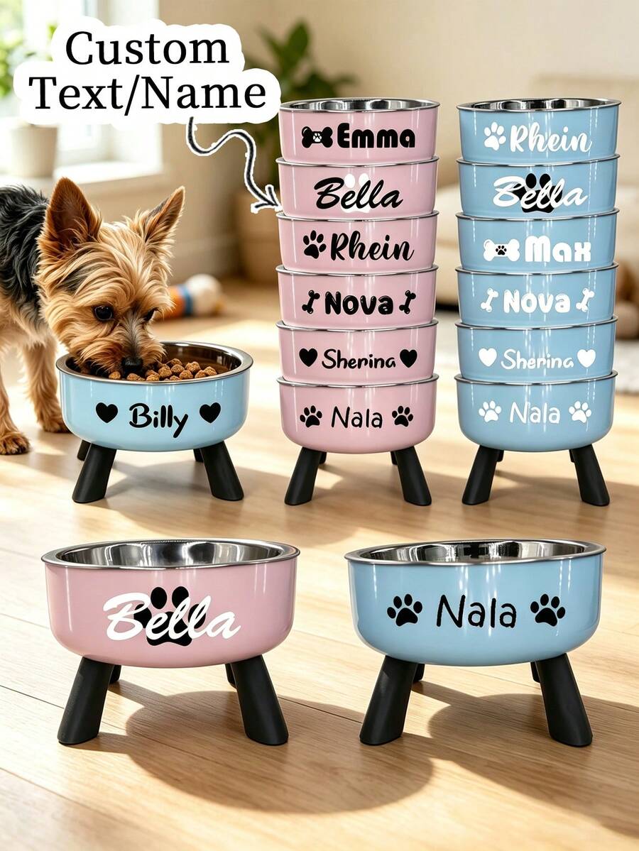 [Personalizable] Plato elevado para mascotas con protección de cuello – Adecuado para perros pequeños – Plato de acero inoxidable para gatos y perros – Plato de alimentación antideslizante – Personalización de texto personalizable – Múltiples diseños disponibles