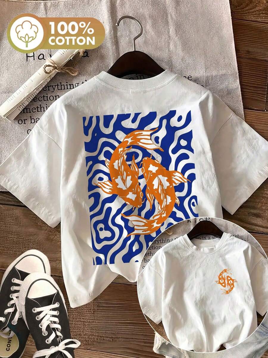 Women's Short-Sleeve Top With Front And Back Koi Fish And Wave Print, Guochao Style, Spring/Summer, Casual Chic - White - View 1
