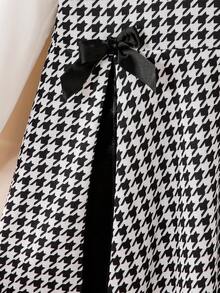 New Spring/Autumn Young Girl Black And White Houndstooth 2 In 1 Dress With Ruffled Puff Sleeves, Double Bow Pleats, School Princess Dress - Black - View 5