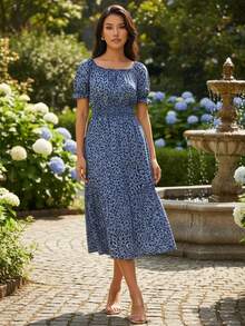 Women's Floral Print Dress, Comfortable And Stylish, Elegant Midi Length, Short Sleeve, Plus Size, Peasant Style, Princess Sleeve, Evangelical, Elasticated, Romantic - 查看 2