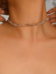 1件女款優雅奢華閃亮人造水晶珠飾項鍊，時尚百搭，適合派對與日常佩戴（珠子顏色隨機） - 紫+淺粉-N1420A - 查看 2