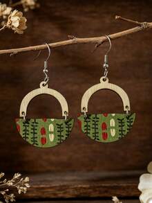 1 Pair Vintage Pastoral Style Half-Circle Printed Floral Patchwork U-Shaped Wooden Earrings For Women - Green - View 1