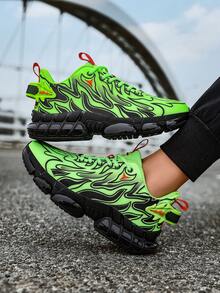 Men's Neon Green Flame Pattern Minimalist Versatile Casual Comfortable Running Shoes, Daily Colorblock Patchwork Low-Top Commuter Outdoor Sports Shoes, Air Cushion Running Shoes - Green - View 5