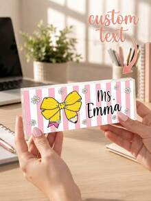 1pc Custom Teacher Desk Name Plate, Personalized SPink Striped Bow Pencil Daisy Long Freestanding Acrylic Table Block,Teacher Appreciation Gift,Back To School,Office Desk Decor,Teacher Office Workstation - Multicolor - View 1