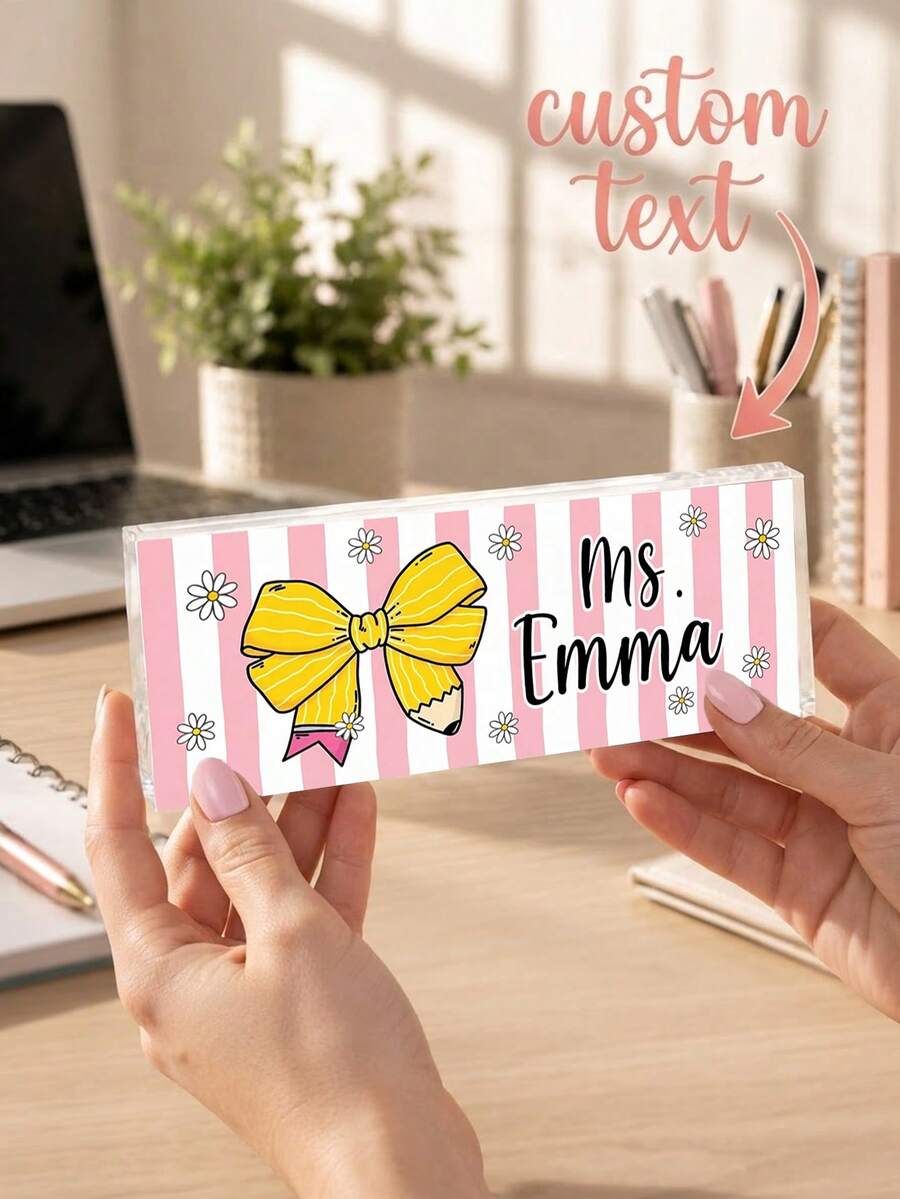 1pc Custom Teacher Desk Name Plate, Personalized SPink Striped Bow Pencil Daisy Long Freestanding Acrylic Table Block,Teacher Appreciation Gift,Back To School,Office Desk Decor,Teacher Office Workstation - Multicolor - View 1