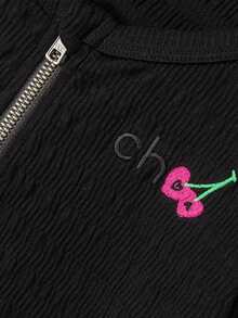 CHUU Letter Cherry Embroidery Long Sleeve T-Shirt Women Autumn Ruched Zipper Cardigan Short Top - Black - View 7