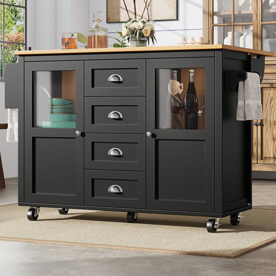 Kitchen Island With Shelves - Black/White - 黑色 - 查看 1
