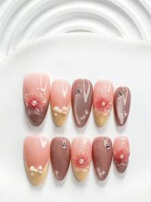 10片溫柔風手工穿戴甲，Polygel美甲套組，粉色花朵、黃色蝴蝶結、黃色與粉色指甲油，休閒風格，含美甲工具，3種尺寸可選，方型、短方型、杏仁形，適合派對、跳舞、日常配戴 - 彩色 - 查看 12