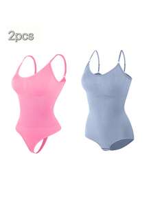 2Pcs High Waist Tummy Control Thong Bodysuit Figure - 粉紅藍 - 查看 6