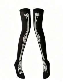 Halloween Skeleton Dance Accessory Set, Long Printed Gloves + Over-The-Knee Socks + Blood Drop Necklace, High Elasticity Slim Fit Breathable Fabric, Clear Skeleton Pattern; Suitable For Jazz Dance, Stage Performance, Party Runway, Dark Atmosphere, Halloween Theme Dance Outfit Full Set Accessories - Set a - View 4