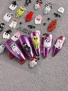 5D Embossed Clear Base Halloween Nail Stickers, Cute Ghost Pumpkin Skull Bat Spider Floral Self-Adhesive Nail Art Decals, Spooky Gothic Manicure Decorations For Halloween Party DIY Nail Supplies For Women Girls Acrylic Nails - Multicolor - View 6