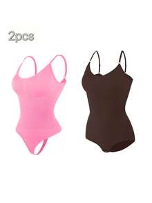 2Pcs High Waist Tummy Control Thong Bodysuit Figure - 粉紅棕 - 查看 6