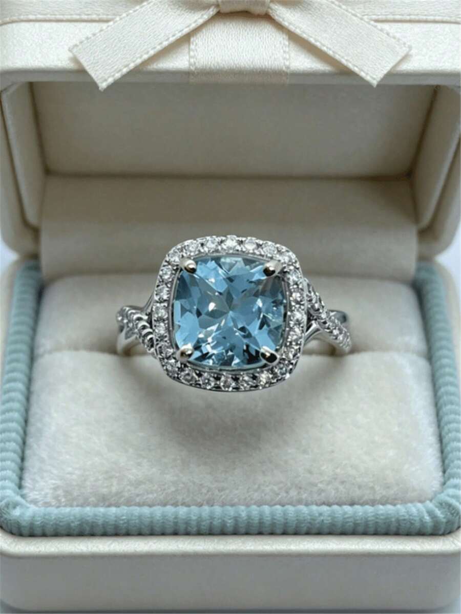 1PC Women's Fashion Personalized Ring, Exquisite Luxury High-End Alloy Inlaid Cubic Zirconia Ring - Suitable For Engagement, Wedding, Proposal, Daily Wear And Gift Jewelry - Blue - View 1