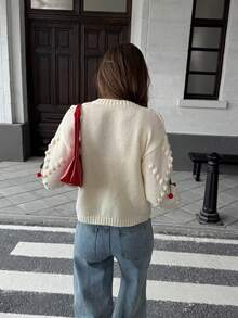 FOR BEAUTY Cardigan lavorato a maglia da donna, nuovo per primavera & autunno, color albicocca con decorazioni a ciliegia rossa, girocollo, maniche lunghe, top casual - Albicocca - Visualizzare 6