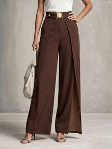 Elegante -Hose mit weitem Bein und Gold-Schnallen-Gürtel, perfekte Wahl für den Herbst - Kaffeebraun - Übersicht 2