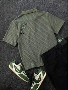男士夏季細條紋短袖休閒 Polo 衫 - 軍綠色 - 查看 2