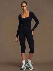 VVX Women's Capris Yoga Jumpsuit Square Neck Long Sleeve, Seamless Ribbed Tummy Control Solid Color Sportswear Workout Gym Jumpsuit Black - Black - View 2