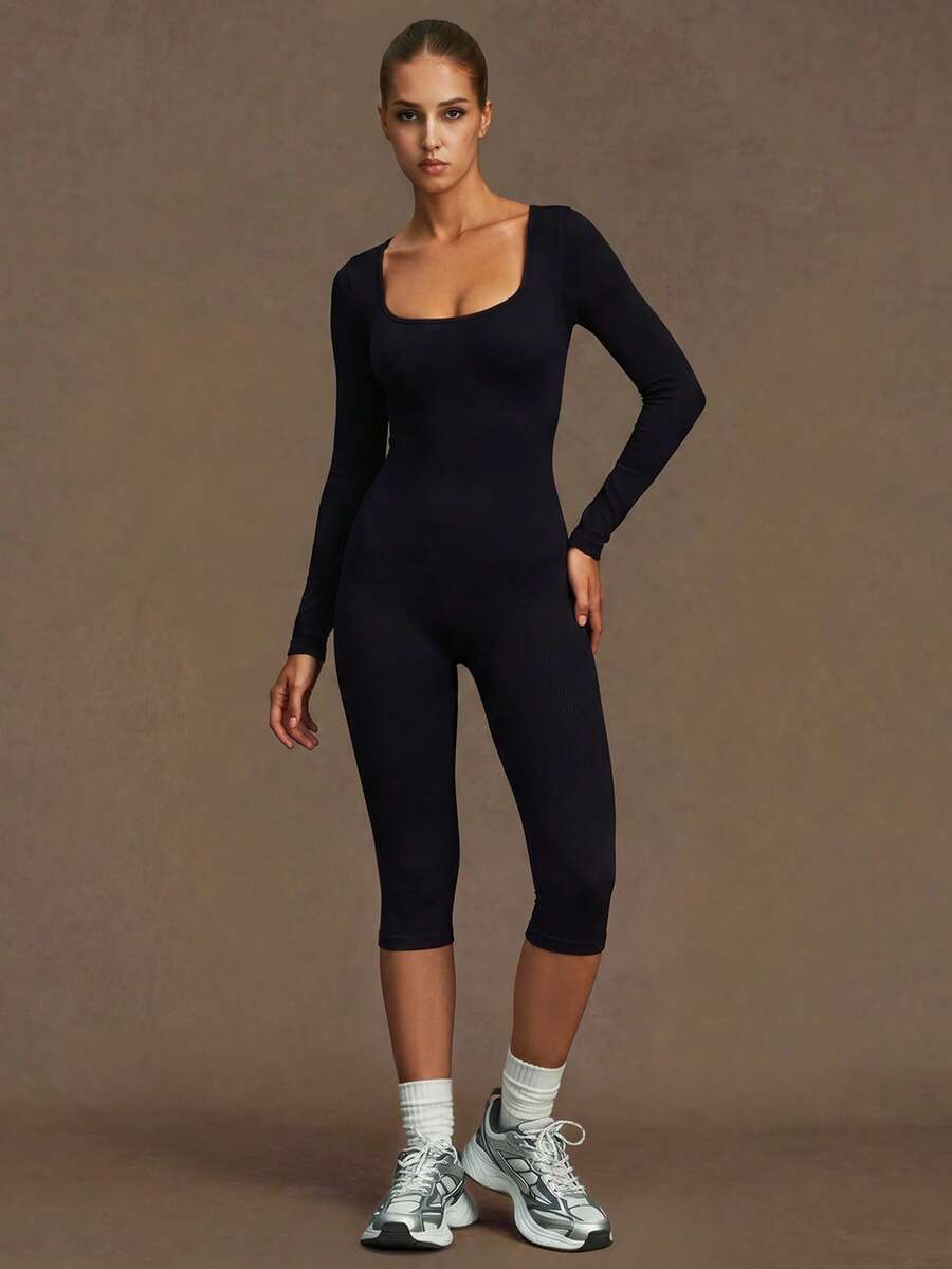 VVX Women's Capris Yoga Jumpsuit Square Neck Long Sleeve, Seamless Ribbed Tummy Control Solid Color Sportswear Workout Gym Jumpsuit Black