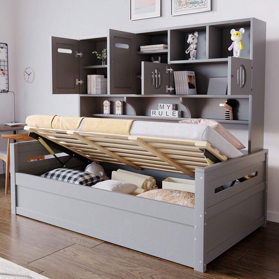 Sofa Bed Frame Made Of Wood 90 X 200 Cm – Multifunctional Storage Space, Hydraulic - Grey - View 1