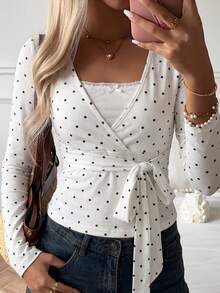 Sunny Girly Fall Y2K White Polka Dot V Neck Tie Waist Long Sleeve Tee, Slim Daily Top Perfect For Back To School Casual - White - View 3