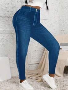 Plus Size Denim Effect Print Slim Fit Cropped Pants, High Waist Slim Fit Spring Summer Autumn Pants, Medium Stretch Fabric, Suitable For Autumn Fashion - Royal Blue - View 5