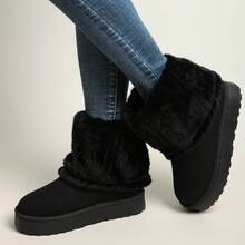 Fuzzy Fold Cuff Platform Boots For Women, Warm Winter Slippers Casual Summer Shoes Multi Tone Beach Essentials - Black - View 5