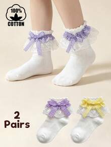 2 Pairs Pure Cotton Kids Lace Plaid Bow Dance Ruffle Princess Fashion Versatile Party Socks - Multicolor - View 13