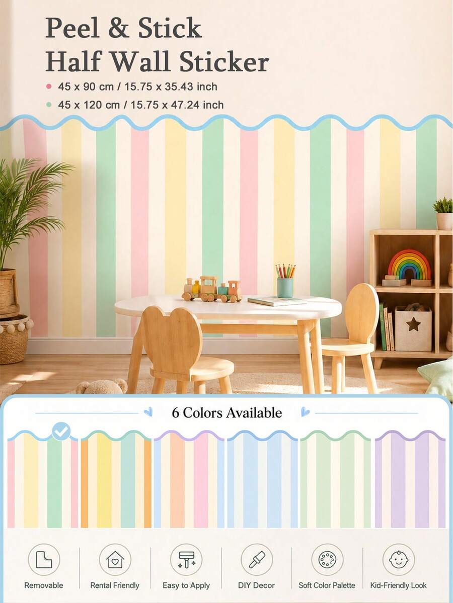 SUPSTICKER 1pc Macaron Wavy Edge Striped Half Wall Sticker, Removable PVC Self-Adhesive Wallpaper, Suitable For Kids Room Bedroom, 17.71x35.43/47.24 Inches - Multicolor - View 1
