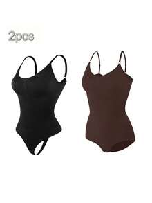 2Pcs High Waist Tummy Control Thong Bodysuit Figure - 黑棕 - 查看 6