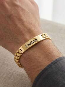 Men's Customized Name Watch Bracelet, Gold Stainless Steel Engraved Bracelet, Business Party Jewelry Gift - Multicolor - View 3