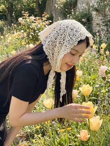 1件裝女款米色花卉針織鏤空編織髮帶頭巾，波希米亞風，適合日常穿搭、運動、海灘度假 - 米色 - 查看 3