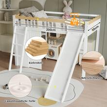 High Kids Bed Frame With Slide And Storage Cabinet - Natural and White - View 7