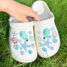 22pcs Green DIY Detachable Shoe Charms With Sequin Chain, Starfish, Shell, Water Ripple, Star, Suitable For Clogs - Green Turtle - View 7