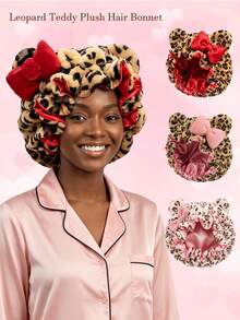 Leopard Print Plush 3D Cat Ear Headband Bow Hair Cap, Quick-Dry Soft Sleep Hair Cap, Suitable For Daily And Nighttime Hair Care - Leopard Print - View 2